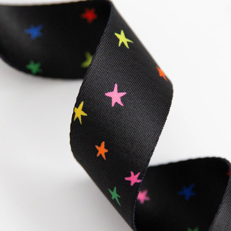 Webbing: Starry Vivid Rainbow on Black 1 1/2" wide