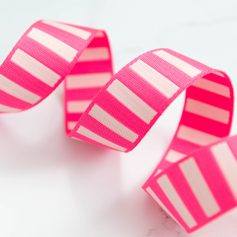 1 1/2" Wide Bold Stripe Webbing: Neon Pink & Off White