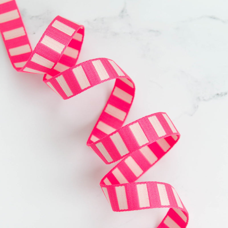 1" Wide Bold Stripe Webbing: Neon Pink & Off White